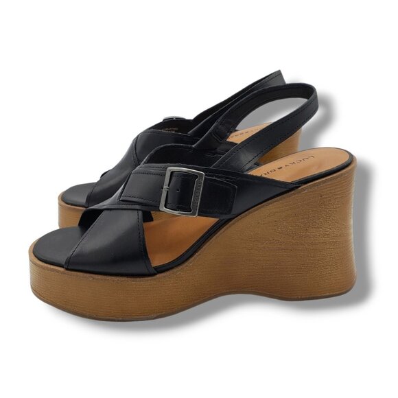 Lucky Brand Delaynee Platform Wedge Sandals Womens 8.5 Black Slingback Leather - Picture 1 of 9